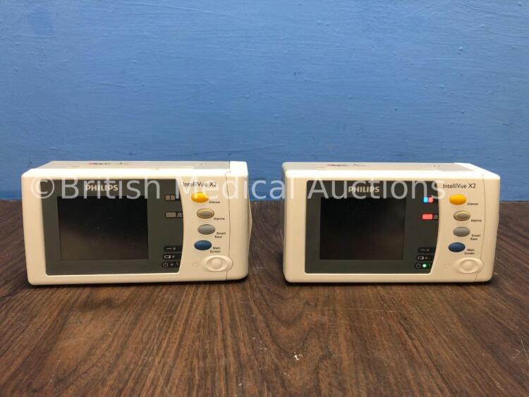 2 x Philips IntelliVue X2 Handheld Patient Monitors S/W Rev G.01.80 / G.01.75 with Press/Temp, NBP, SpO2 and ECG/Resp Options, 2 x Batteries (Both Pow