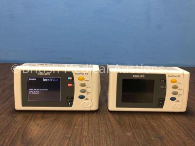 2 x Philips IntelliVue X2 Handheld Patient Monitors S/W Rev H.15.51 / H.15.51 with Press/Temp, NBP, SpO2 and ECG/Resp Options, 2 x Batteries (Both Pow