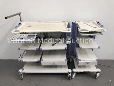 2 x Olympus Stack Trolleys with Olympus CV-260/260SL Keyboard (1 x Powers Up, 1 x No Power-Damaged Connector-See Photos)