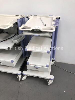 2 x Olympus Stack Trolleys with Olympus CV-260/260SL Keyboard (1 x Powers Up, 1 x No Power-Damaged Connector-See Photos) - 2