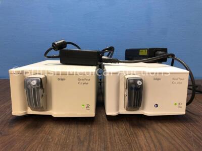 2 x Drager Scio Four Oxi Plus Gas Modules with 2 x Infinity ID Waterlock2 and 2 x AC Power Supplies (Both Power Up) *Mfd 2017 / 2007* *S/N 83398 / 428