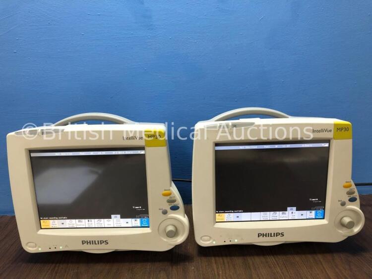 2 x Philips Intellivue MP30 Touch Screen Patient Monitors Version G.01.80 / G.01.80 (Both Power Up) *C*