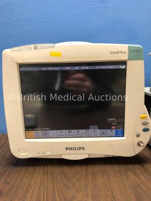 2 x Philips Intellivue MP50 Touch Screen Patient Monitors Version G.01.80 / G.01.80 (Both Power Up, 1 x with Blank Screen and Missing Dials-See Photos - 2