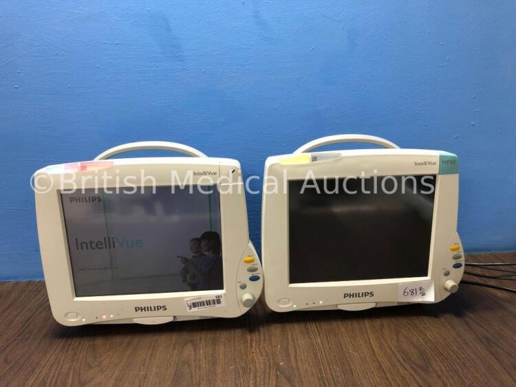 2 x Philips Intellivue MP50 Patient Monitors Version G.01.80 / G.01.80 (Both Power Up,1 x with Missing Cover-See Photo) *Mfd 2014 / 2013* *C*