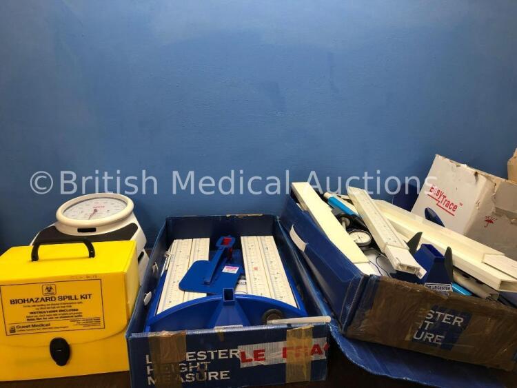 Mixed Lot Including 1 x Biohazard Spill Kit, 2 x Seca Stand on Weighing Scales (1 with Damaged Cover-See Photo) 2 x Leicester Height Measurement