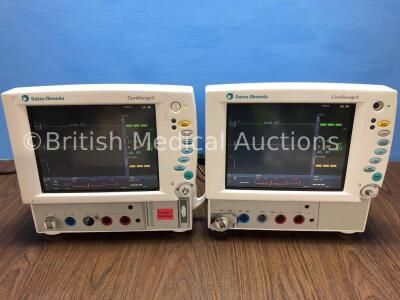 2 x Datex-Ohmeda CardioCap/5 Critical Care Patient Monitors with NIBP,ECG,SpO2,P1,P2 and T1 Options (Both Power Up with Damaged Casing and 3 Missing B