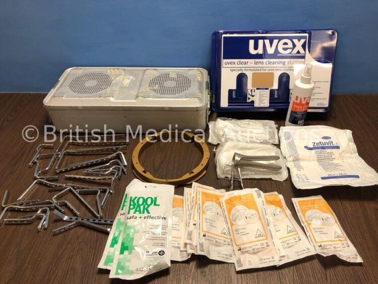 Mixed Lot Including Surgical Instruments in Metal Tray, 1 x Uvex Cleaning Station and Envitec Disposable SpO2 Sensors