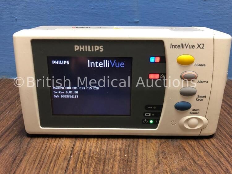 Philips IntelliVue X2 Handheld Patient Monitor S/W Rev G.1.80 with Press/Temp, NBP, SpO2 and ECG/Resp Options with 1 x Battery (Powers Up) *Mfd 2010*