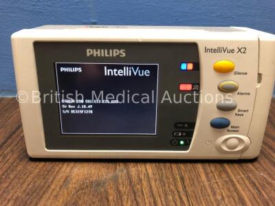 Philips IntelliVue X2 Handheld Patient Monitor S/W Rev J.10.49 with Press/Temp, NBP, SpO2 and ECG/Resp Options with 1 x Battery (Powers Up) *Mfd 2014*