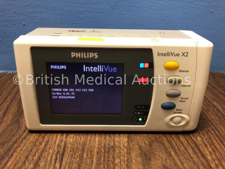 Philips IntelliVue X2 Handheld Patient Monitor S/W Rev G.1.75 with Press/Temp, NBP, SpO2 and ECG/Resp Options with 1 x Battery (Powers Up) *Mfd 2009*