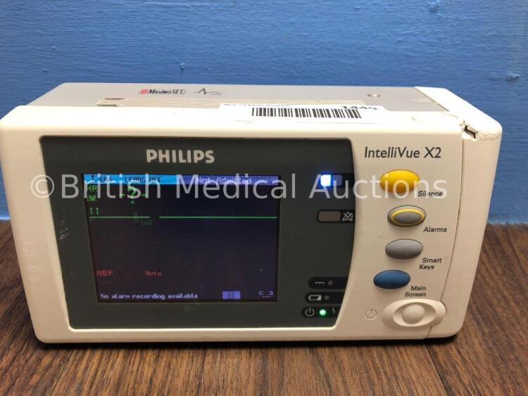 Philips IntelliVue X2 Handheld Patient Monitor S/W Rev G.01.75 with Press/Temp, NBP, SpO2 and ECG/Resp Options with 1 x Battery (Powers Up) *Mfd 2009*