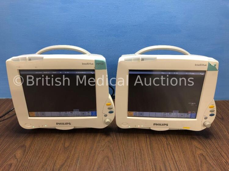 2 x Philips IntelliVue MP50 Touch Screen Patient Monitors Version G.01.80 / G.01.80 (Both Power Up with Slight Damage to Casing) *Mfd 2013 / 2013* (C)