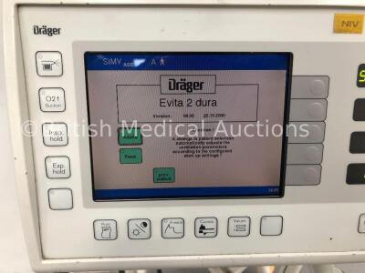 Drager Evita 2 Dura Ventilator Version 04.00 Type 8413080 Working Hours 66458 on Stand with Hoses (Powers Up) * SN ARMK-0189 * - 2