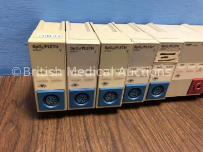 2 x Agilent M1008B NBP Modules, 1 x Philips M1008B NBP Module, 5 x HP M1020A SPO2 / PLETH Modules, 3 x HP M1002B ECG/RESP Modules and 1 x Agilent M100 - 2