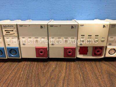 2 x Agilent M1008B NBP Modules, 1 x Philips M1008B NBP Module, 5 x HP M1020A SPO2 / PLETH Modules, 3 x HP M1002B ECG/RESP Modules and 1 x Agilent M100 - 3