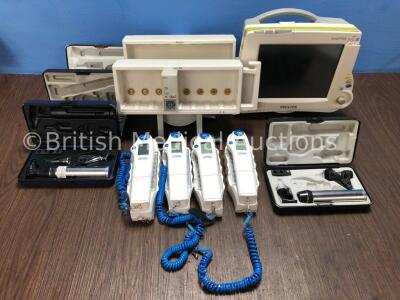 1 x Philips IntelliVue Patient Monitor (Spares and Repairs), 2 x Philips Module Racks, 1 x Masimo SET IntelliVue SPO2 Module (Damaged), 4 x First Temp