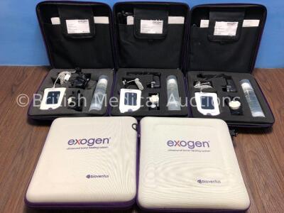5 x Exogen Ultrasound Bone Healing Systems with 5 x AC Chargers and 5 x USER Manuals and 5 x Exogen Coupling Gel in Carry Bags