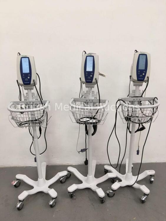 3 x Welch Allyn Spot Vital Signs Monitors on Stands with SPO2 Finger Sensors and BP Hoses (All Power Up)