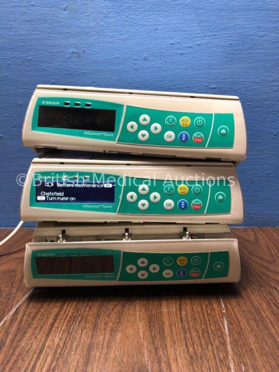 3 x B Braun Infusomat Space Infusion Pumps (2 Power Up 1 with Alarm, 1 No Power with Faulty Door Panel-Power Supplies Not Included) *021906 / 023013 /