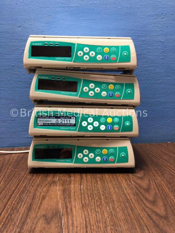 4 x B Braun Infusomat Space Infusion Pumps (All Power Up, 2 with Alarms-Power Supplies Not Included)) *019938 / 020702 / 023437 / 017666*