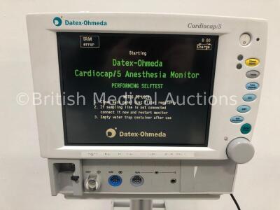 Datex-Ohmeda Cardiocap/5 Anaesthesia Monitor with Gas,NIBP,ECG,SpO2 and T1 Options on Stand (Powers Up with SRAM Error) * SN FBUD00942 * * Mfd 2001 * - 2
