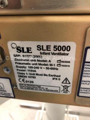 SLE5000 Infant Ventilator TTV Plus (Electronic Unit Model:A,Pneumatic Unit Model:M-1) Software Version 4.3 on Stand with Hoses (Powers Up) * SN 51777 - 4