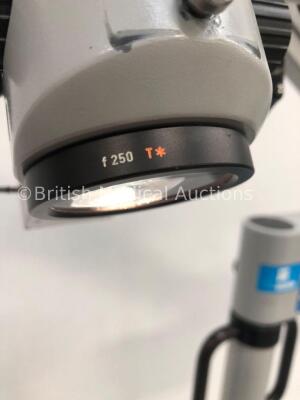 Carl Zeiss OPMI 111 Surgical Microscope with Training Arm, 3 x 12,5x Eyepieces and Zeiss f250 T* Lens on S21 Stand (Powers Up with Good Bulb - Damage - 7