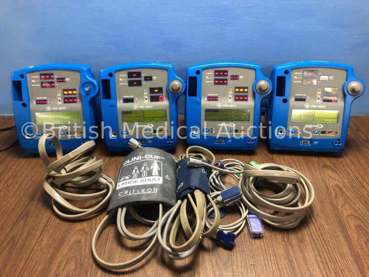 4 x GE Dinamap PRO 400V2 Vital Signs Monitors with 4 x BP Hose and 2 x SpO2 Leads (All Power Up with 1 x Missing Dial - See Photo) *