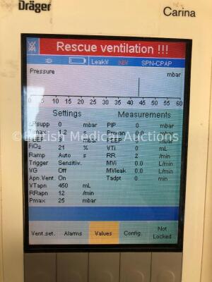 Drager Carina Ventilator Software Version 03.20 Boot Software Version D1.9 Operating Hours 1046 on Stand with Hose (Powers Up) *S/N ASBB-0029* - 3