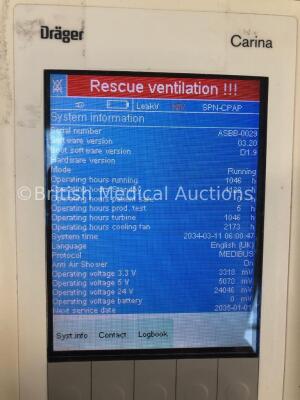 Drager Carina Ventilator Software Version 03.20 Boot Software Version D1.9 Operating Hours 1046 on Stand with Hose (Powers Up) *S/N ASBB-0029* - 4