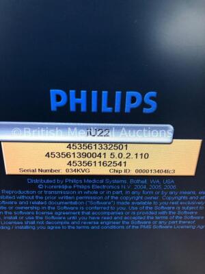 Philips iU22 Flat Screen Ultrasound Scanner on F.2 Cart *S/N 034KVG* **Mfd 03/2009** Software Version 5.0.2.110 with 2 x Transducers / Probes (L12-5 a - 6