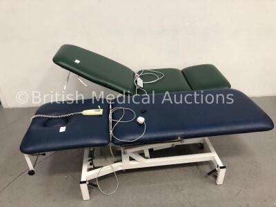 1 x Medi-Plinth 3-Way Electric Patient Examination Couch with Controller and 1 x Medi-Plinth Electric Patient Examination Couch with Controller (Both