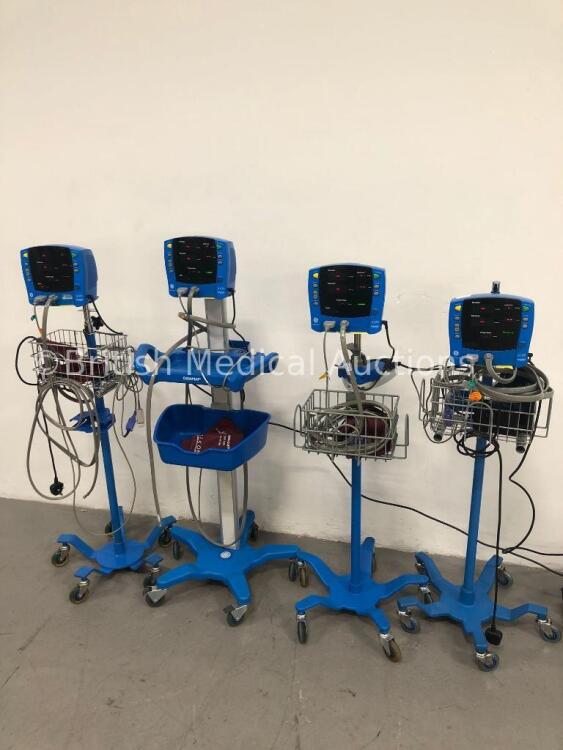 4 x GE Carescape V100 Dinamap Patient Monitors on Stands with 4 x BP Hoses,4 x BP Cuffs and 4 x SpO2 Finger Sensors (All Power Up) * SN SH613300184SA