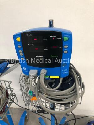 4 x GE Carescape V100 Dinamap Patient Monitors on Stands with 4 x BP Hoses,4 x BP Cuffs and 4 x SpO2 Finger Sensors (All Power Up) * SN SH613300184SA - 2