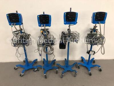 4 x GE Carescape V100 Dinamap Patient Monitors on Stands with 4 x BP Hoses,4 x BP Cuffs and 4 x SpO2 Finger Sensors (All Power Up) * SN SH614040092SA