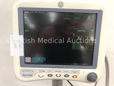 GE Dash 4000 Patient Monitor with BP1,SpO2,Temp/CO,NBP and ECG Options, 1 x SpO2 Finger Sensor and 1 x BP Hose and Cuff (Powers Up) * SN SD007252097GA - 2