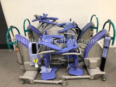 3 x Arjo Sara Plus Electric Patient Hoists with Controllers and 2 x Flat Batteries and 1 x Arjo Encore Electric Patient Hoist with Controller (All No