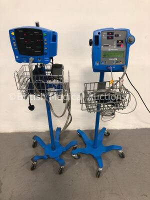 1 x GE Dinamap Pro 400V2 Patient Monitor on Stand with 1 x BP Hose and Cuff and 1 x SpO2 Finger Sensor and 1 x GE Carescape V100 Dinamap Patient Monit