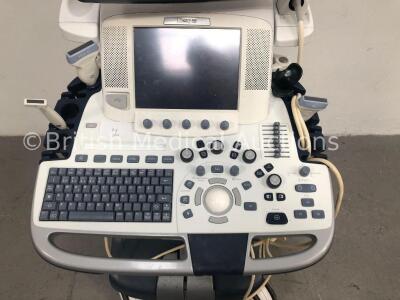 GE Logiq E9 Flat Screen Ultrasound Scanner Ref 52050000-7 with 4 x Transducers/Probes (1 x ML6-15 * Mfd Feb 2013 *, 1 x L8-18i * Mfd Feb 2013 *, 1 x 9 - 2