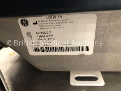 GE Logiq E9 Flat Screen Ultrasound Scanner Ref 52050000-7 with 4 x Transducers/Probes (1 x ML6-15 * Mfd Feb 2013 *, 1 x L8-18i * Mfd Feb 2013 *, 1 x 9 - 11