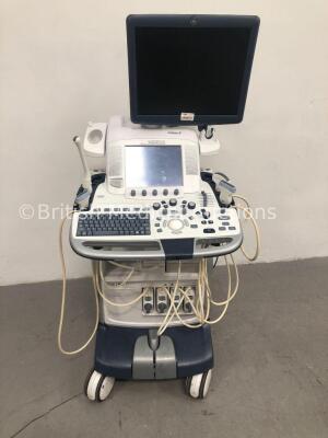 GE Logiq E9 Flat Screen Ultrasound Scanner Ref 52050000-7 with 4 x Transducers/Probes (1 x 9L-D * Mfd Feb 2013 *,1 x C1-6 * Mfd Nov 2012 *, 1 x ML6-15