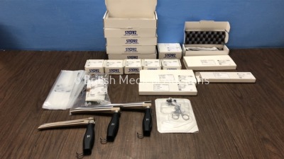 Job Lot of Karl Storz Instruments Including Storz 8890 A Laryngoscopes, Storz 8401XA Cable Adapters, Storz 10478C Suction Catheters, Storz Thesis Chis