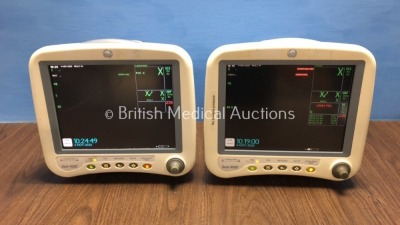 2 x GE Dash 4000 Patient Monitor Including ECG, NBP, CO2, BP1, BP2, SpO2 and Temp/co Options with 2 x GE SM 201-6 Batteries (Both Power Up 1 with Miss