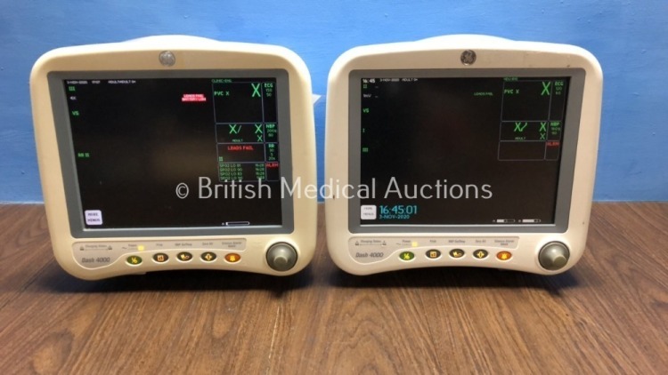 2 x GE Dash 4000 Patient Monitors Including ECG, NBP, CO2, BP1, BP2, SpO2 and Temp/co Options with 3 x GE SM 201-6 Batteries (Both Power Up, 1 x Sligh