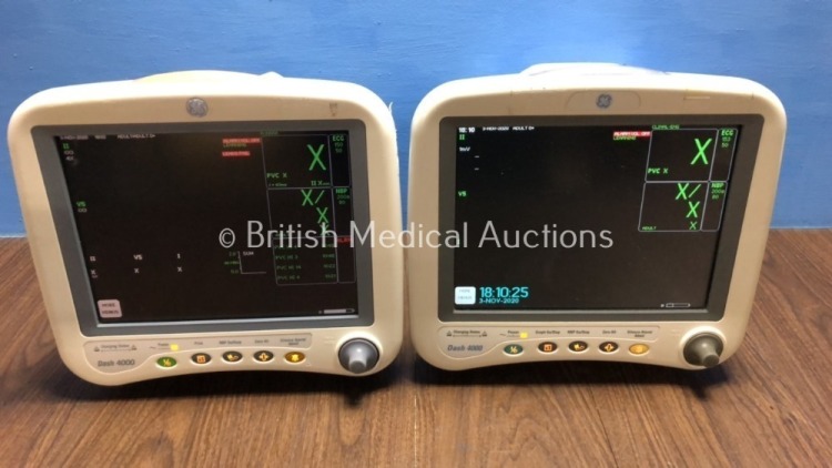 2 x GE Dash 4000 Patient Monitor Including ECG, NBP, CO2, BP1, BP2, SpO2 and Temp/co Options with 3 x GE SM 201-6 Batteries (Both Power Up with 1 x Sl