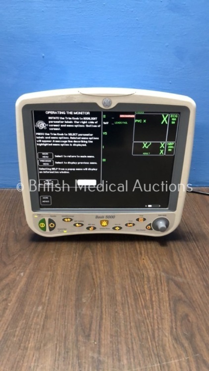 GE Dash 5000 Patient Monitor Including ECG, NBP, CO2, BP1, BP2, SpO2 and Temp/co Options (Powers Up with Missing Printer Module-See Photo)