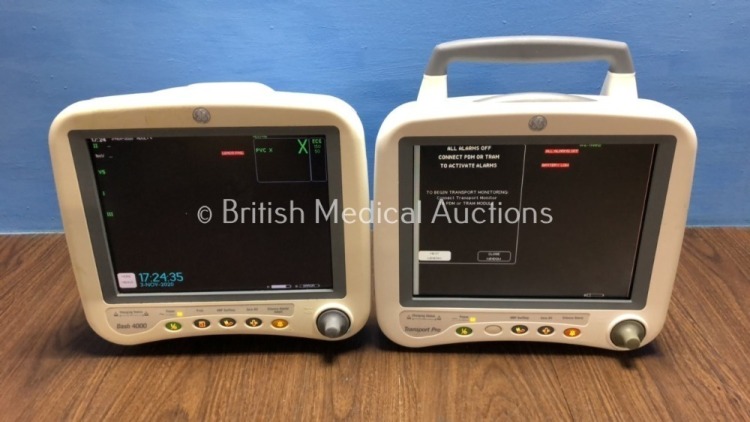 1 x GE Dash 4000 Patient Monitor (Powers Up with Error) Including ECG, NBP, CO2, BP1, BP2, SpO2 and Temp/co Options and 1 x GE Transport Pro Monitor (