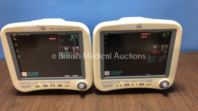 2 x GE Dash 4000 Patient Monitors Including ECG, NBP, CO2, BP1, BP2, SpO2 and Temp/co Options with 3 x GE SM 201-6 Batteries (Both Power Up)