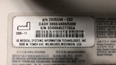 2 x GE Dash 4000 Patient Monitors Including ECG, NBP, CO2, BP1, BP2, SpO2 and Temp/co Options with 3 x GE SM 201-6 Batteries (Both Power Up) - 5