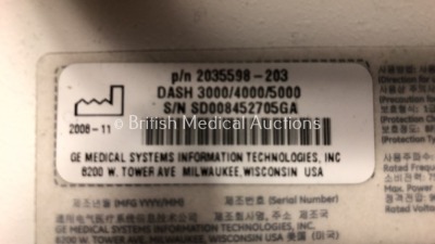 2 x GE Dash 4000 Patient Monitors Including ECG, NBP, CO2, BP1, BP2, SpO2 and Temp/co Options with 3 x GE SM 201-6 Batteries (Both Power Up) - 9